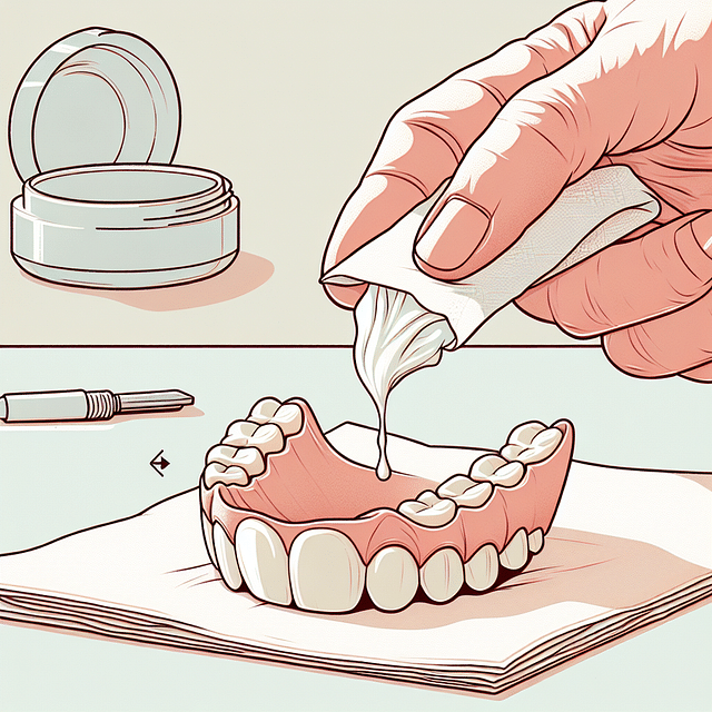 wiping excess denture cream from around the dentures