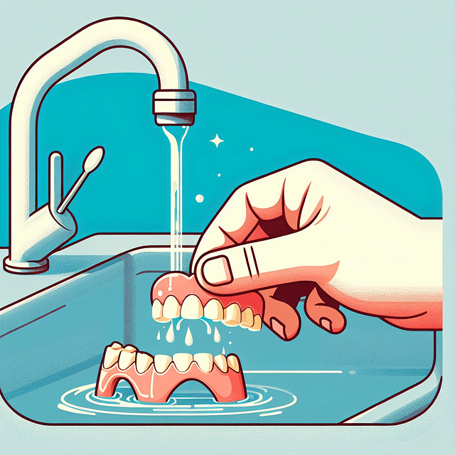 dentures being cleaned under running water