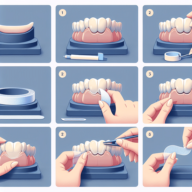 placing and trimming adhesive strips on a denture