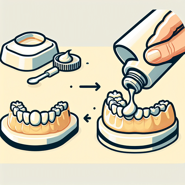 applying small dots of cream adhesive on denture