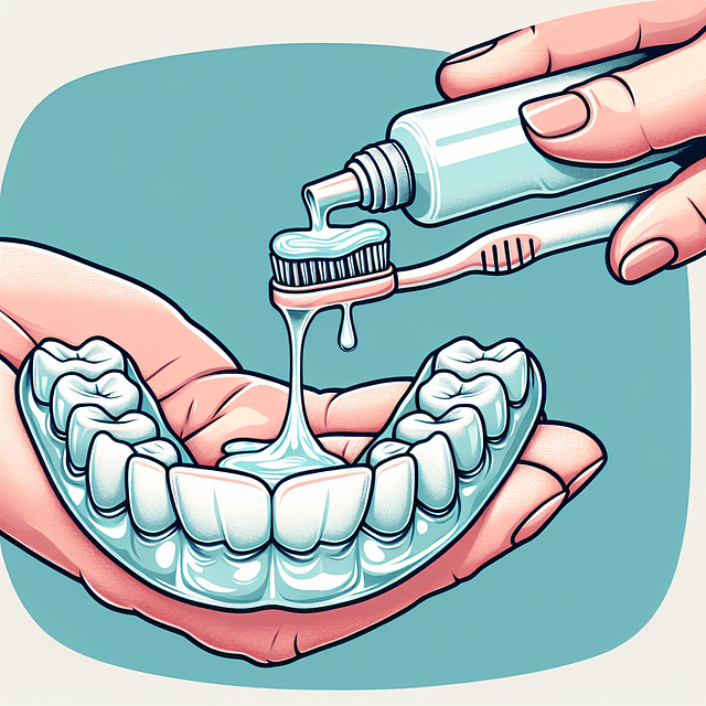 dentures being rinsed under water and brushed with cleaner