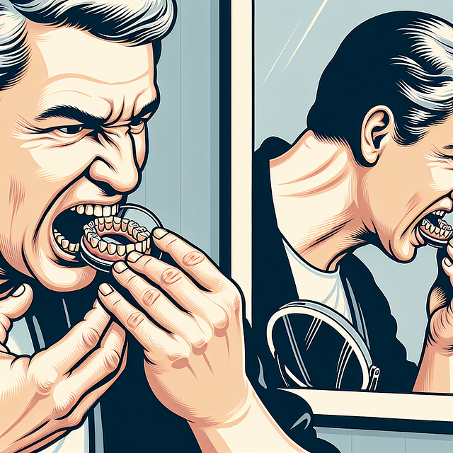 person biting down on dentures to test fit
