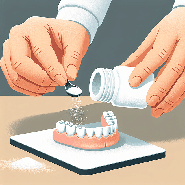 sprinkling powder adhesive on a denture