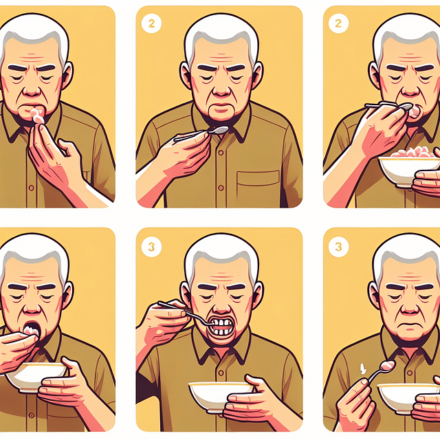 person chewing food slowly with dentures