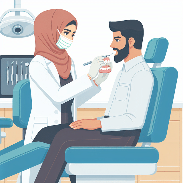 dentist checking the fit of a patient's dentures