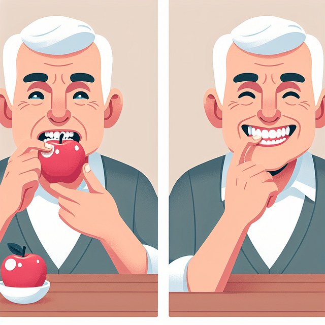 person practicing eating with dentures and smiling