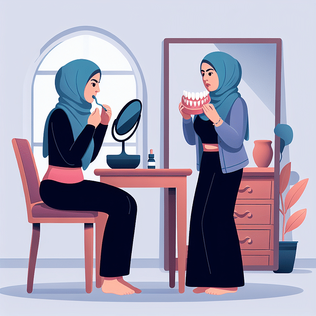 person practicing eating with new dentures in front of a mirror