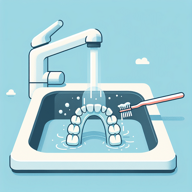 brushing dentures under running water