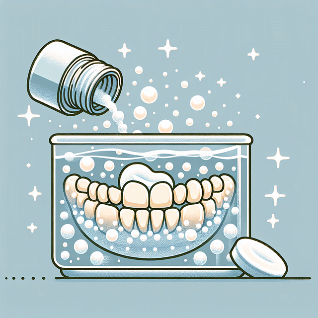 dentures soaking in a glass container with effervescent cleaning tablets