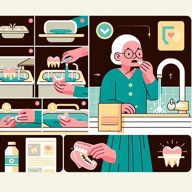 person rinsing dentures over a sink after a meal