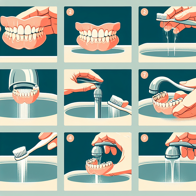 dentures being cleaned with a soft-bristled brush under warm running water