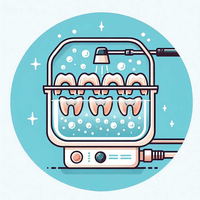 dentures in an ultrasonic cleaner with bubbles indicating deep cleaning