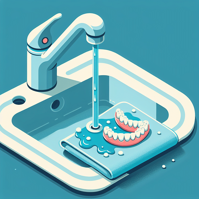 dentures being rinsed under tap water with a towel underneath