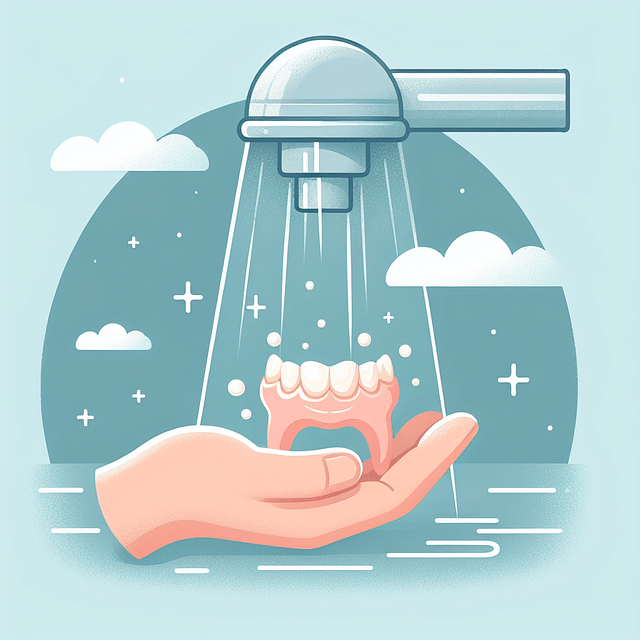 rinsing dentures under water before use