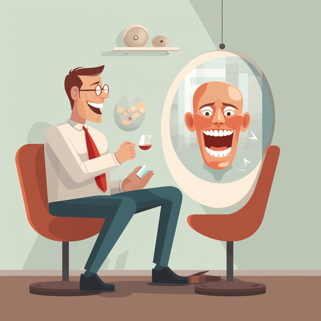 A patient looking at their new denture implants in a mirror