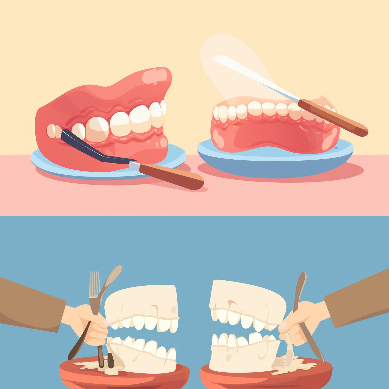 A pair of dentures being cleaned with a soft brush