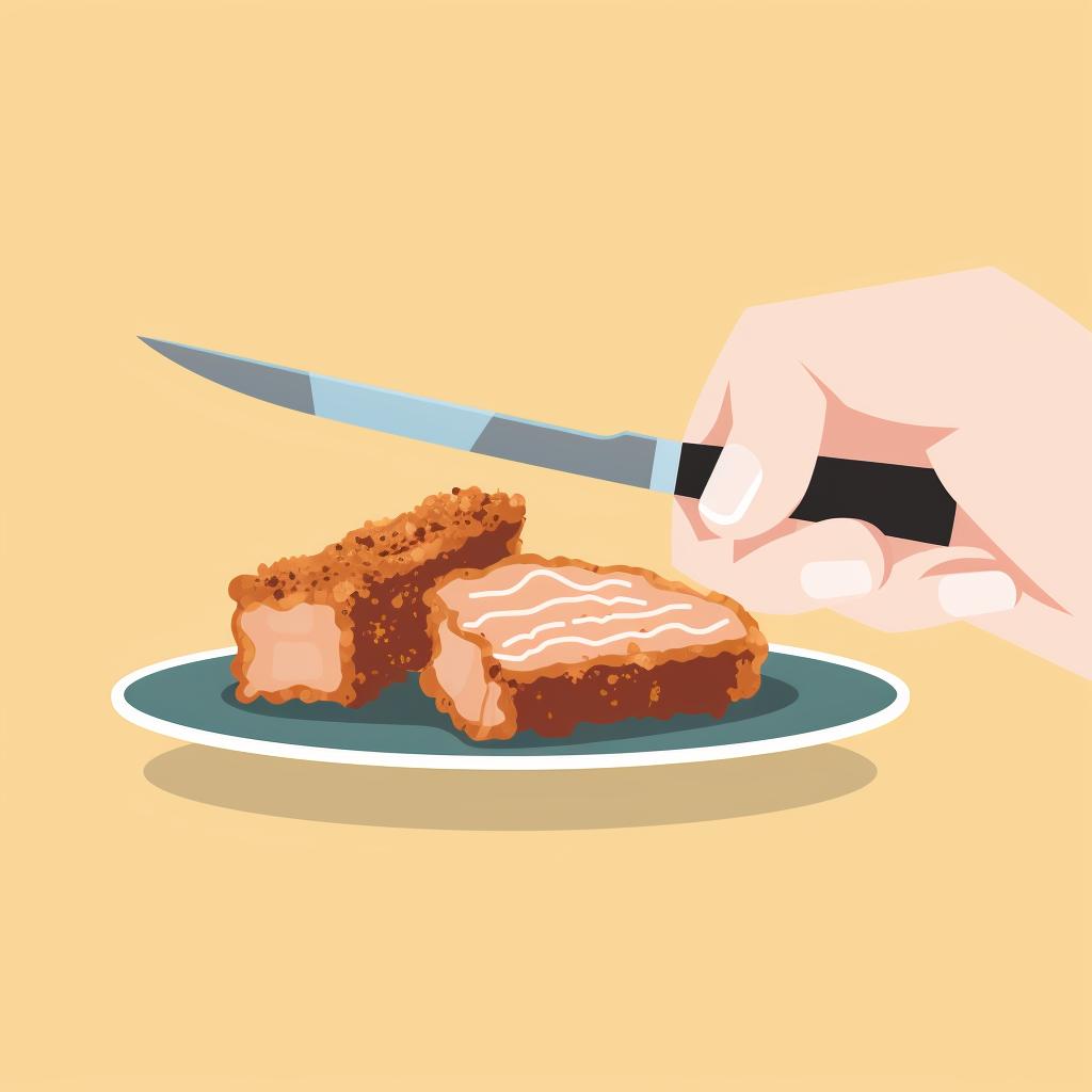 A hand holding a knife and fork, cutting a piece of fried pork skin into smaller pieces