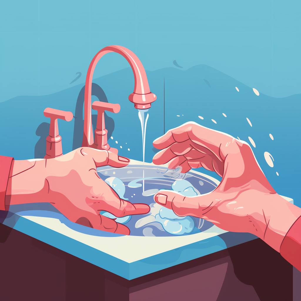 Hands carefully handling dentures over a sink filled with water