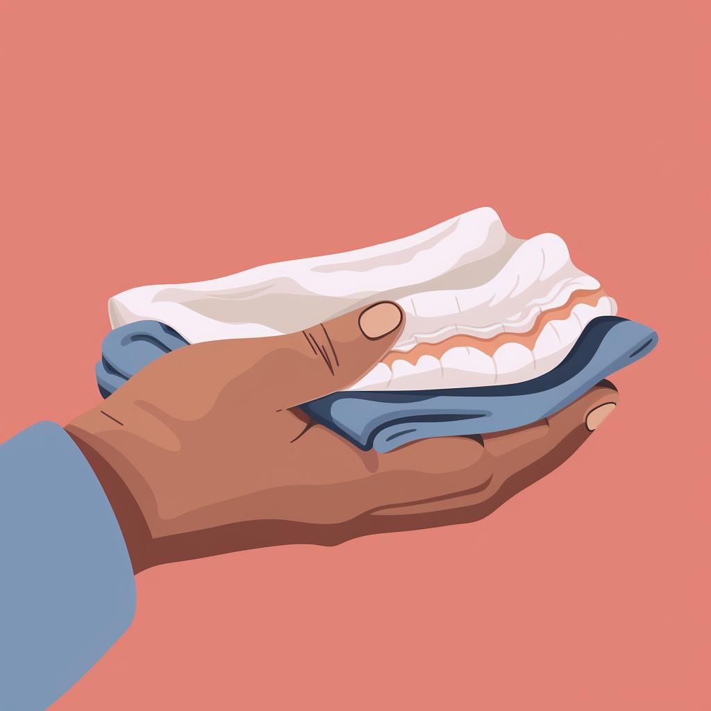 A person handling dentures over a folded towel